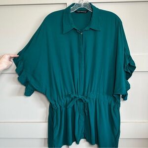Zara Teal Button Down Ruffle Waist Tie Blouse Oversized Med Short Sleeve
